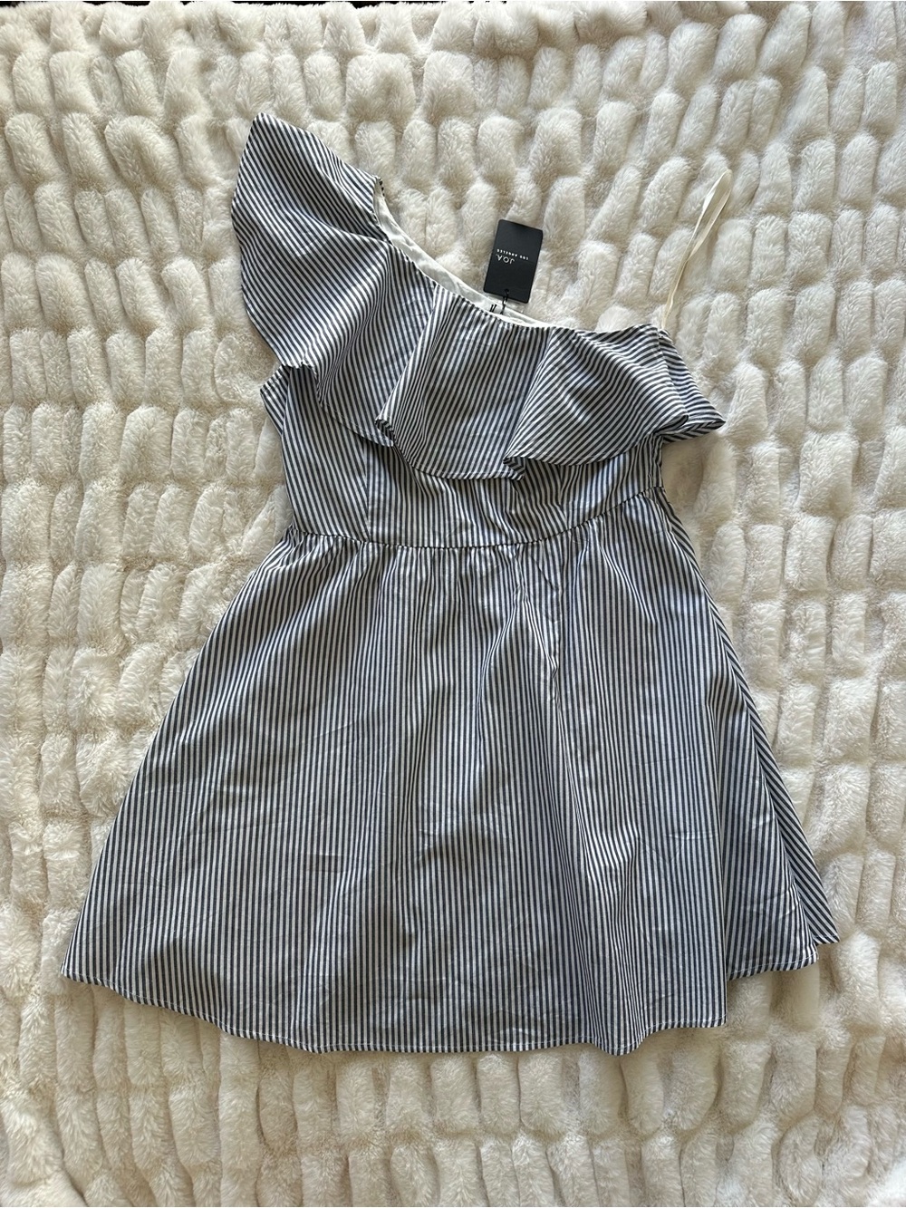 J.O.A. One-Shoulder Navy and White Striped Ruffle Dress